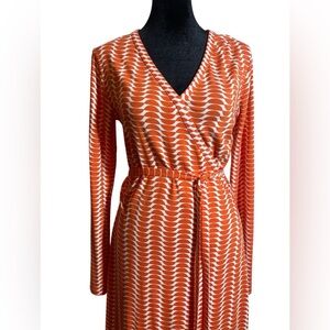 Boden Abstract Wave Print Wrap Dress Orange White Long Sleeve Knit Size US 8
